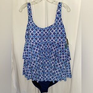 Swim Solutions Blue & White Print High-Low Double Tier Fauxkini Swimsuit Sz 18